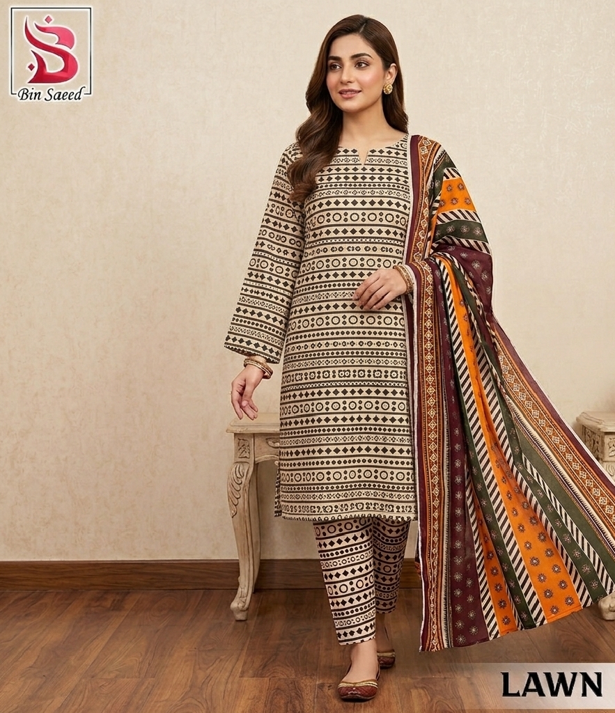 3 Piece Printed Lawn Suit - Bin Saeed - Noor Wardrobe image 1