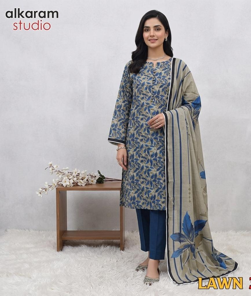 3 Piece Printed Lawn Suit - AlKaram - Noor Wardrobe image 1