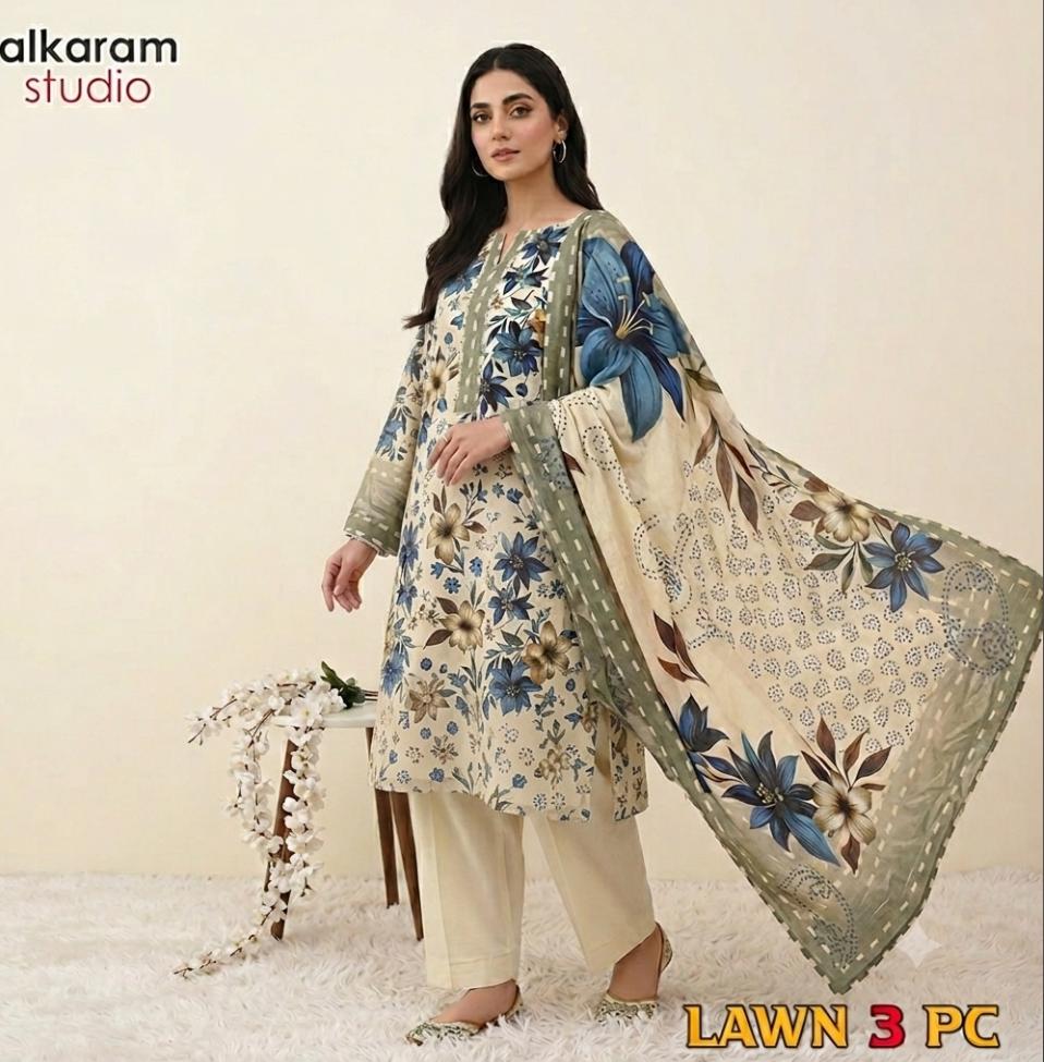3 Piece Printed Lawn Suit - Alkaram - Noor Wardrobe image 1