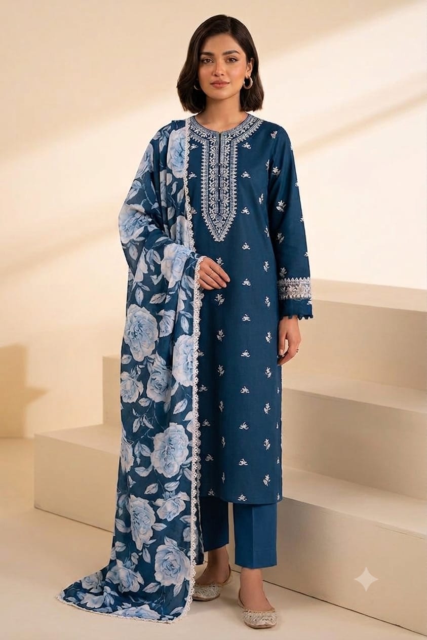 3 Piece Embroirdered Lawn Suit Cross Stich 3 Piece Embroidered Alkaram 3 Piece Printed Lawn Suit , Women , Pakistan , Islamabad , fashion, New, Sappire image 1